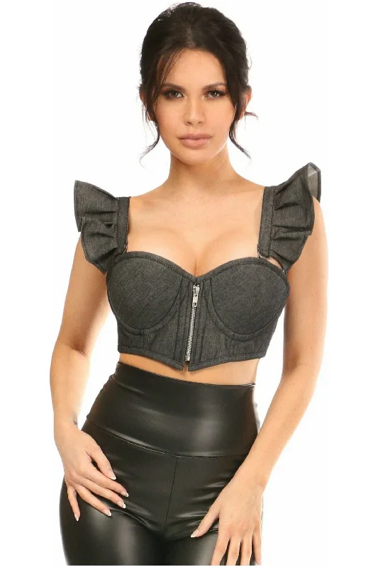 Lavish Black Denim Underwire Bustier Top w/Removable Ruffle Sleeves