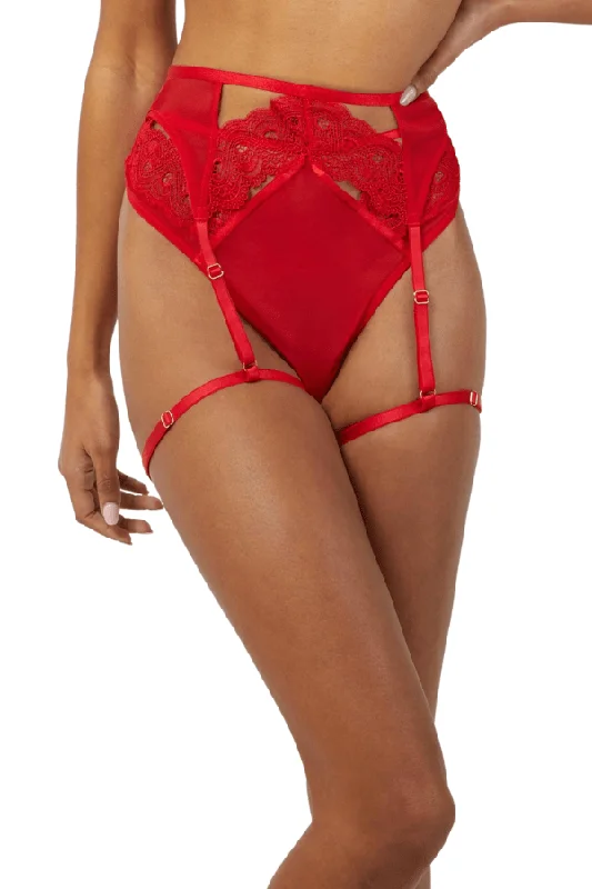 Maisie Lace Trim Suspender Belt - Red