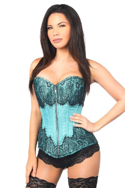 Top Drawer Teal Brocade Steel Boned Corset w/Black Eyelash Lace