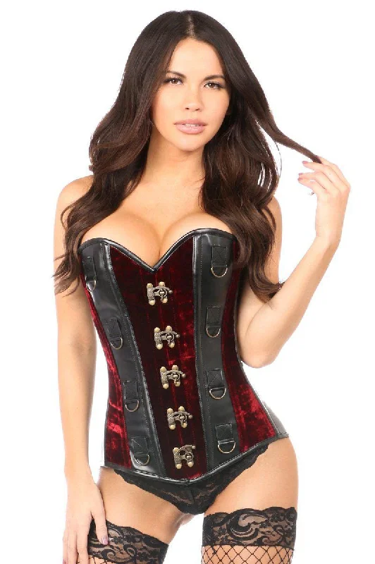 Top Drawer Red Velvet & Faux Leather Steel Boned Corset