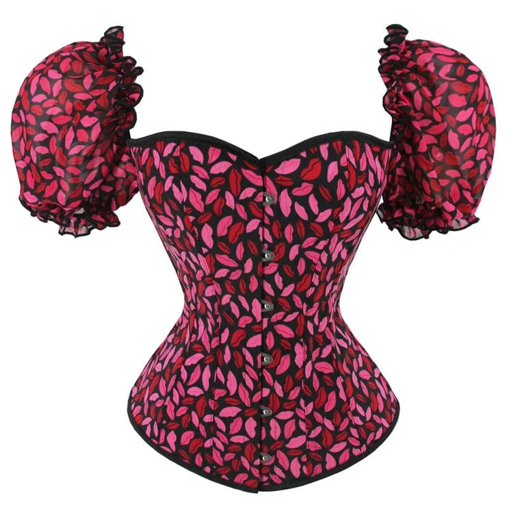 Women's Gothic Puff Sleeved Lips Printed Overbust Corset