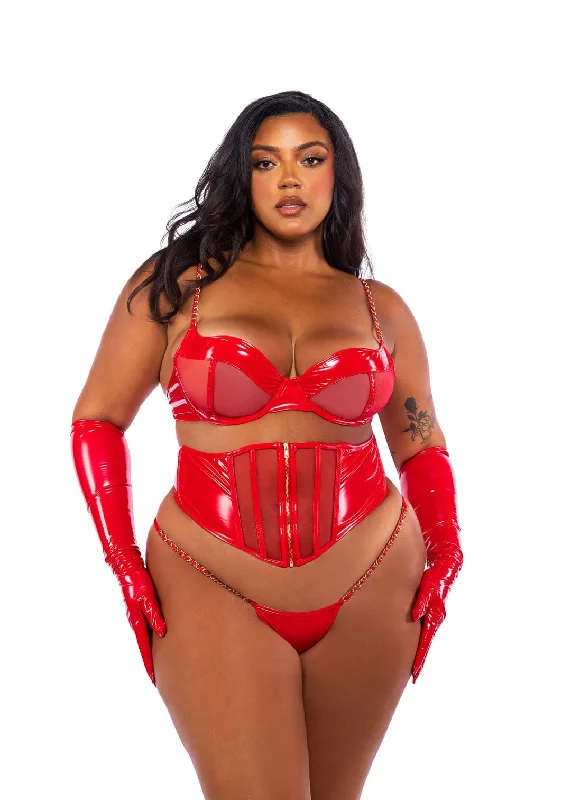 Plus Size Red Patent Faux Leather & Mesh Bra, Waspie Corset & Thong Panty Lingerie