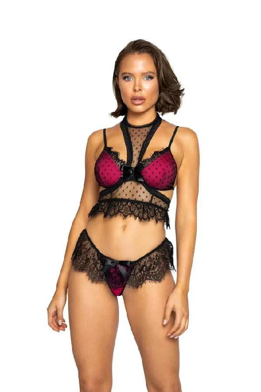 Three Piece Two Tone Polka Dot Bra w/ See-Through Harness & Black Lace Panty Set