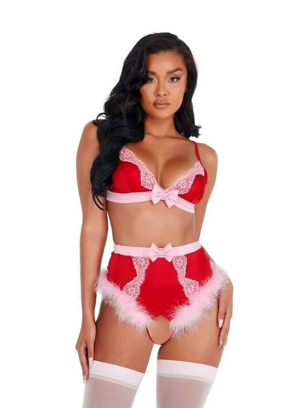 Red/Pink Lace & Satin Marabou Bra Set