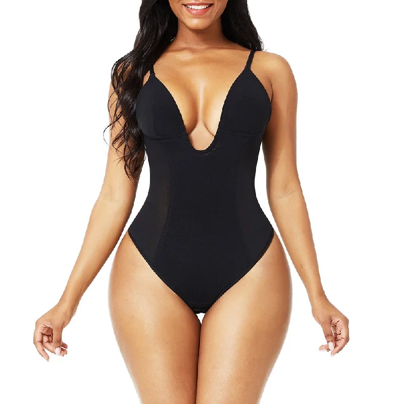 Deep Plunge Thong Power Mesh Shaping Bodysuit